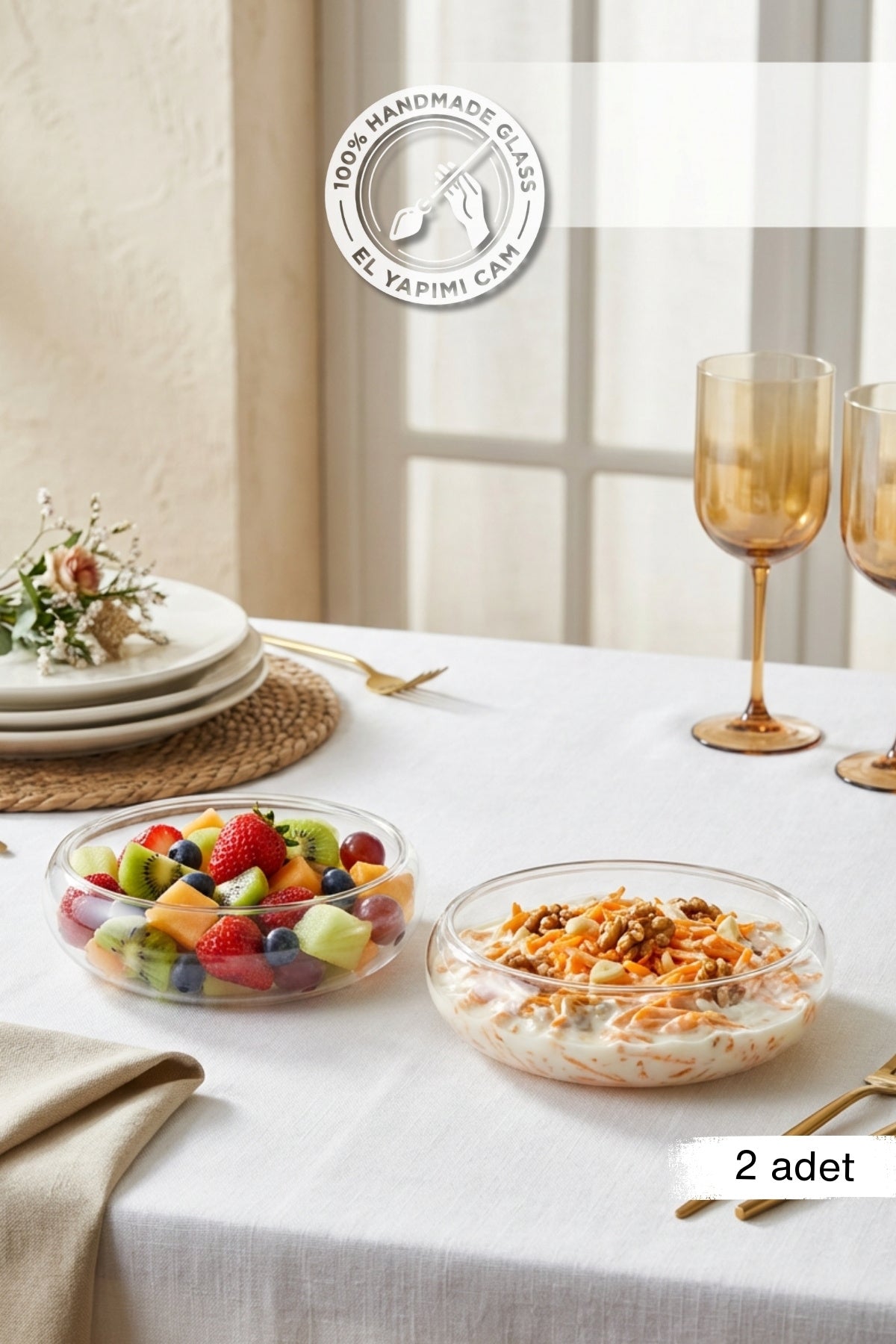 Selen Concept Simge Model Küçük Boy El Yapımı Cam Salata Kasesi 2'li Set