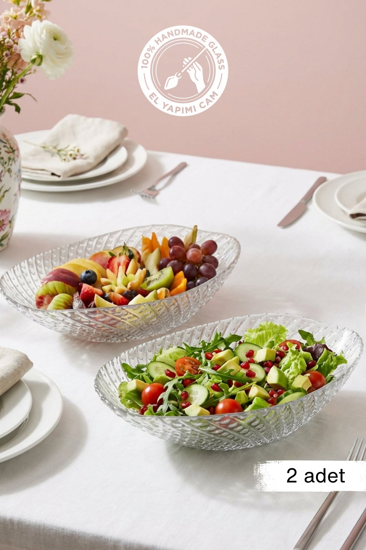 Selen Concept İnci Model El Yapımı Cam Gondol Salata Kasesi Meyvelik ve Sunumluk 2'li Set
