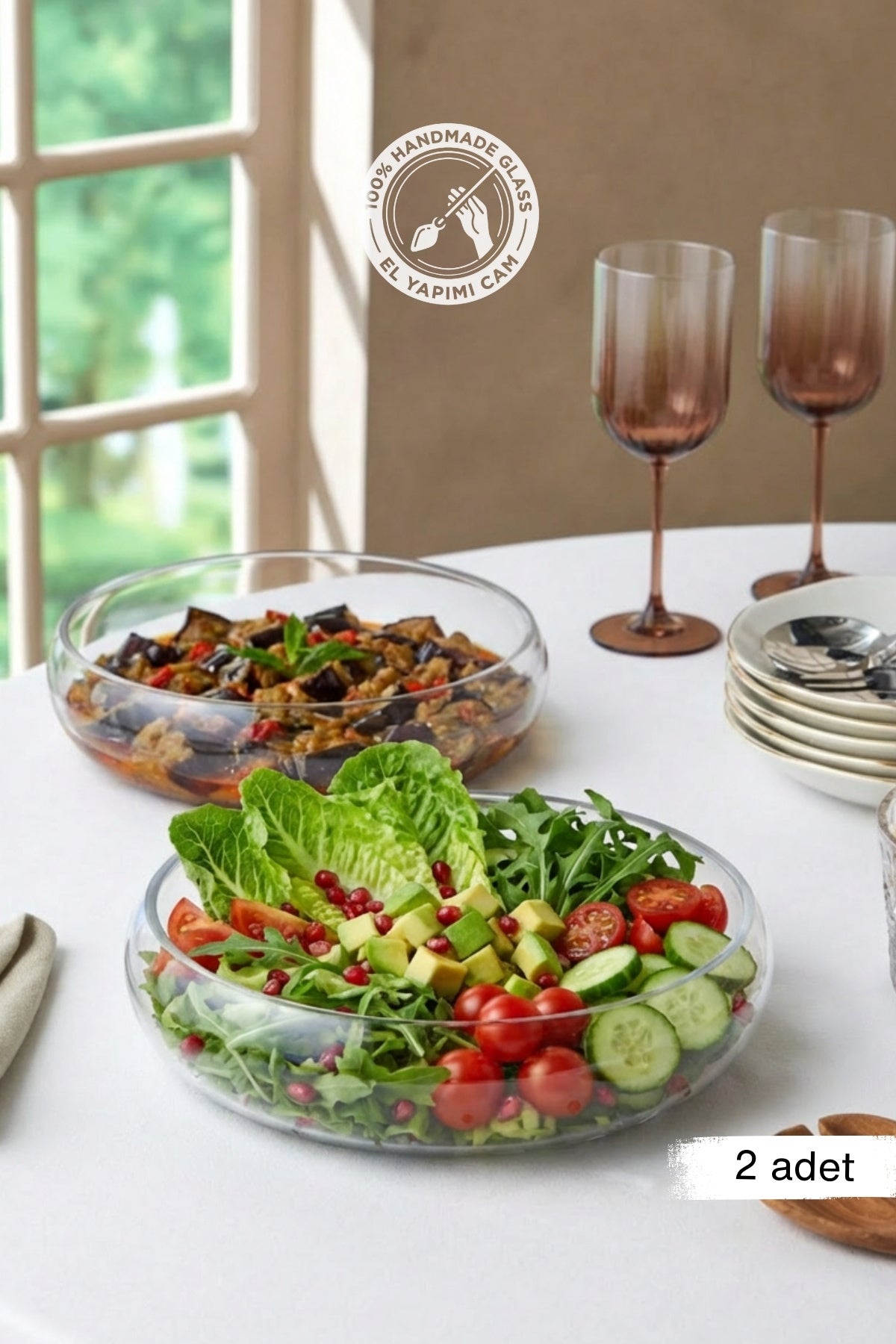 Selen Concept Simge Model Büyük Boy El Yapımı Cam Salata Kasesi 2'li Set