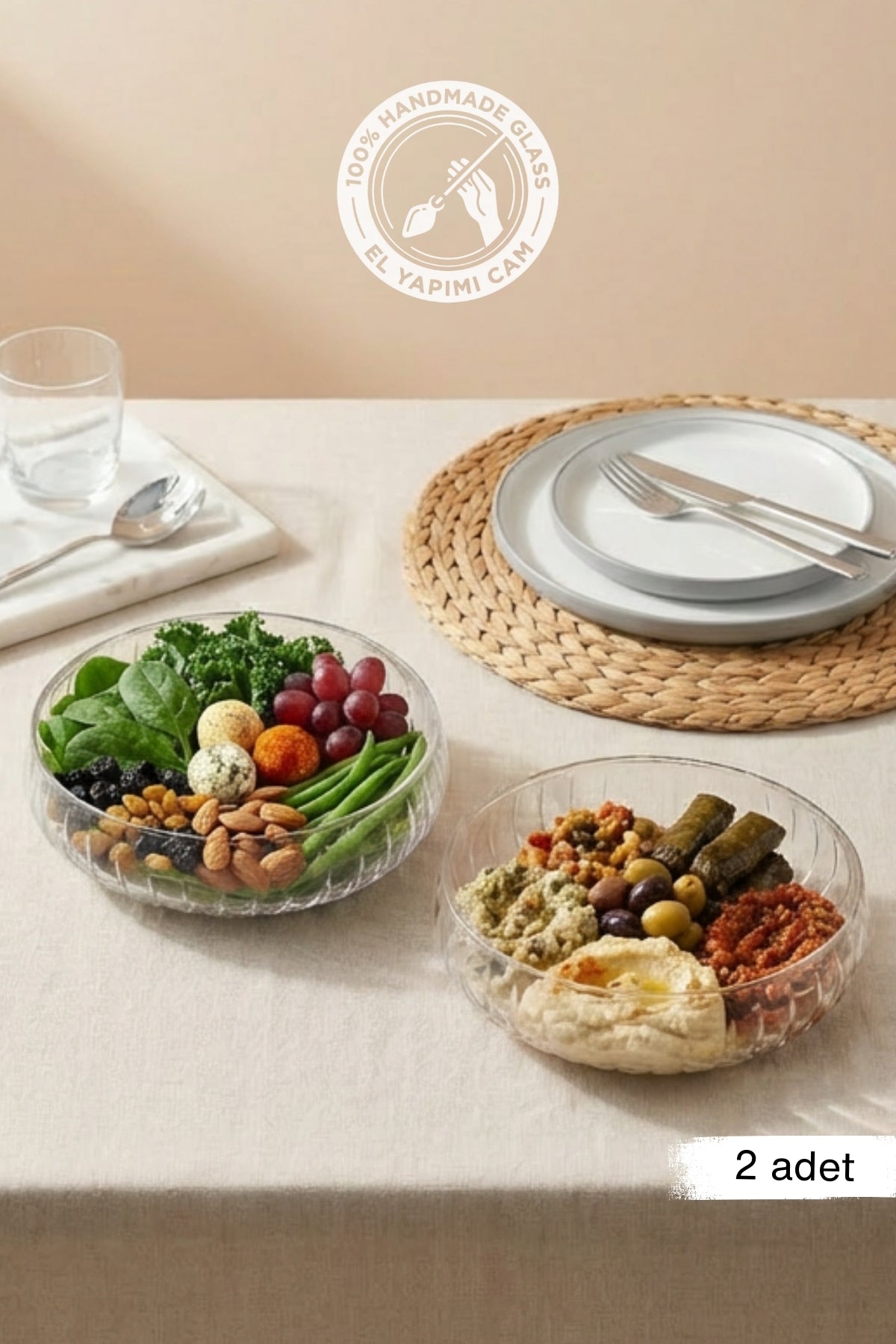 Selen Concept El Yapımı Büyük Boy Cam Salata Kasesi 2'li Set