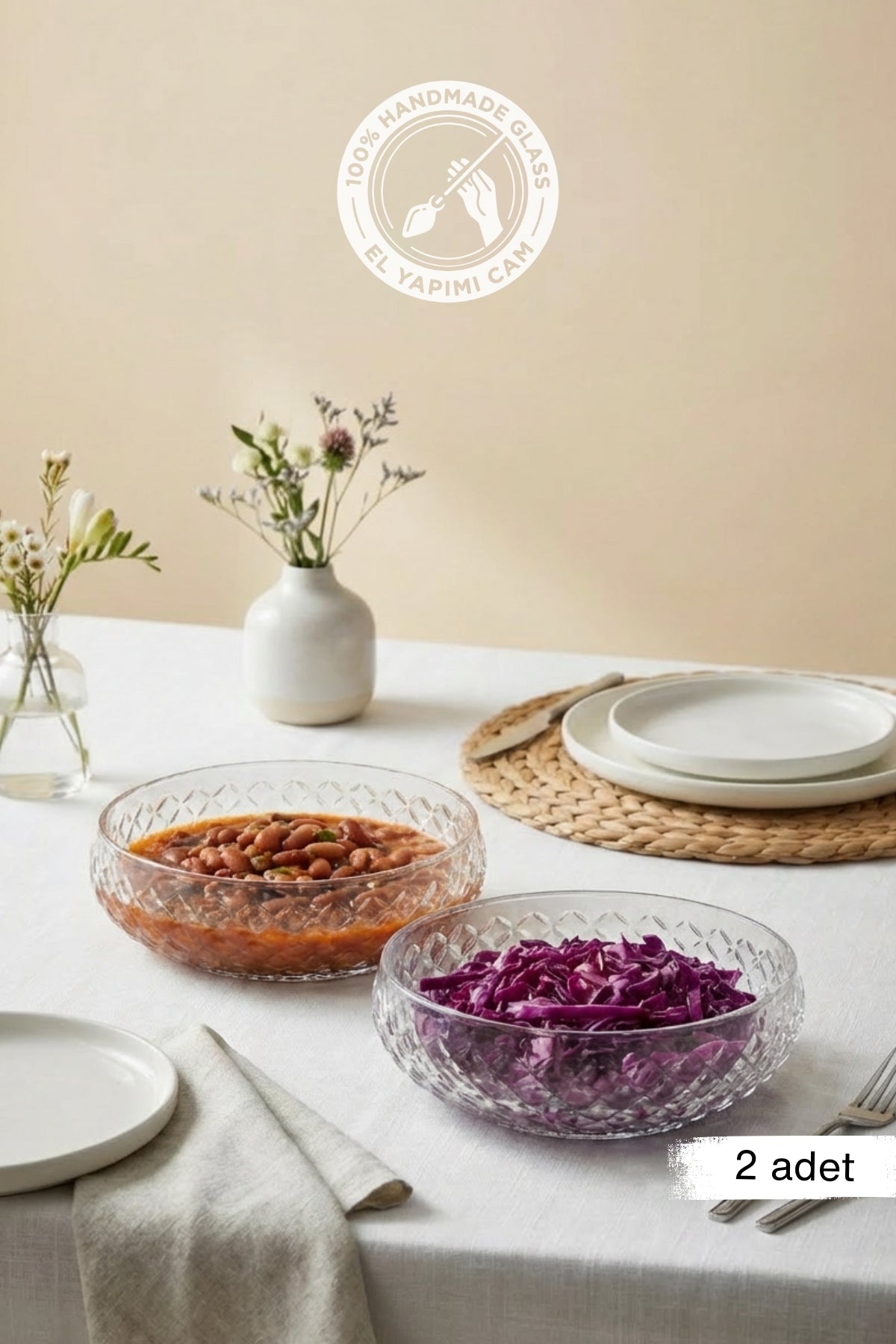 Selen Concept Kafes Model El Yapımı Büyük Boy Cam Salata Kasesi 2 'li Set