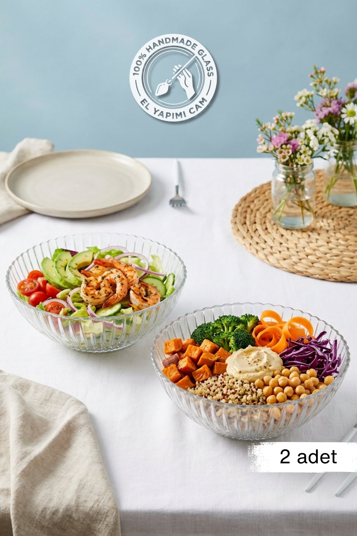 Selen Concept Çuha Model El Yapımı Cam Salata ve Sunum Kasesi 2'li Set