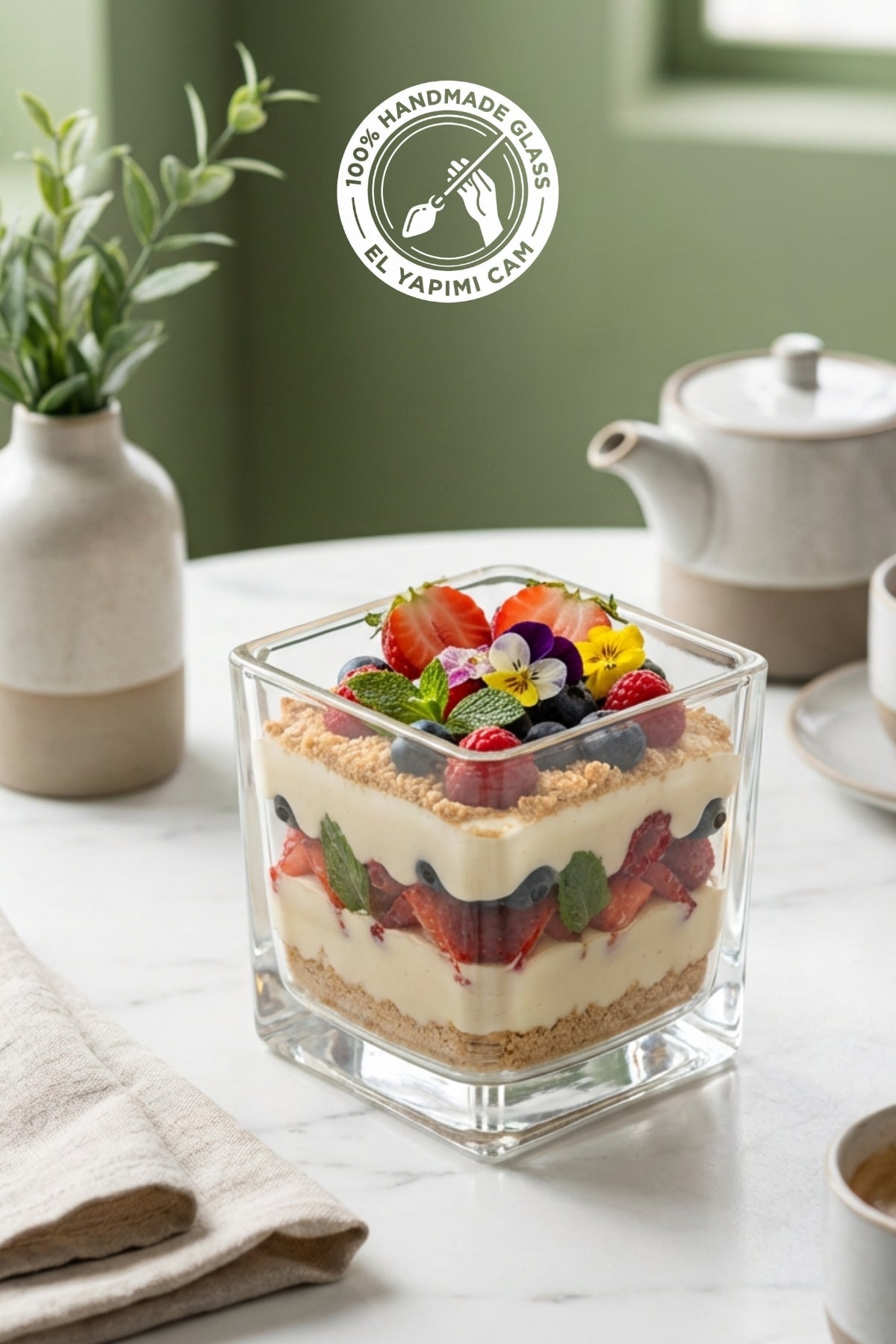 Selen Concept El Yapımı Cam Kare Magnolya ve Tatlı Kasesi Tekli