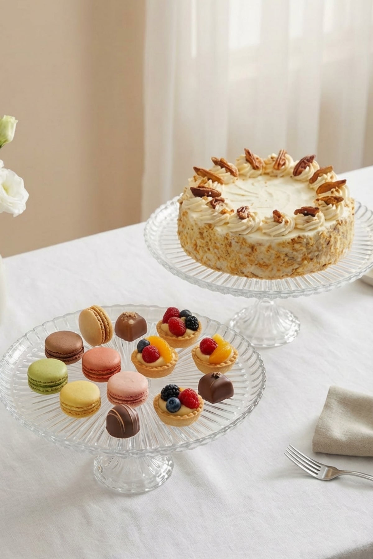 Selen Concept Damla Model Ayaklı El Yapımı Cam Yuvarlak Kek ve Pasta Sunumluk 2'li Set